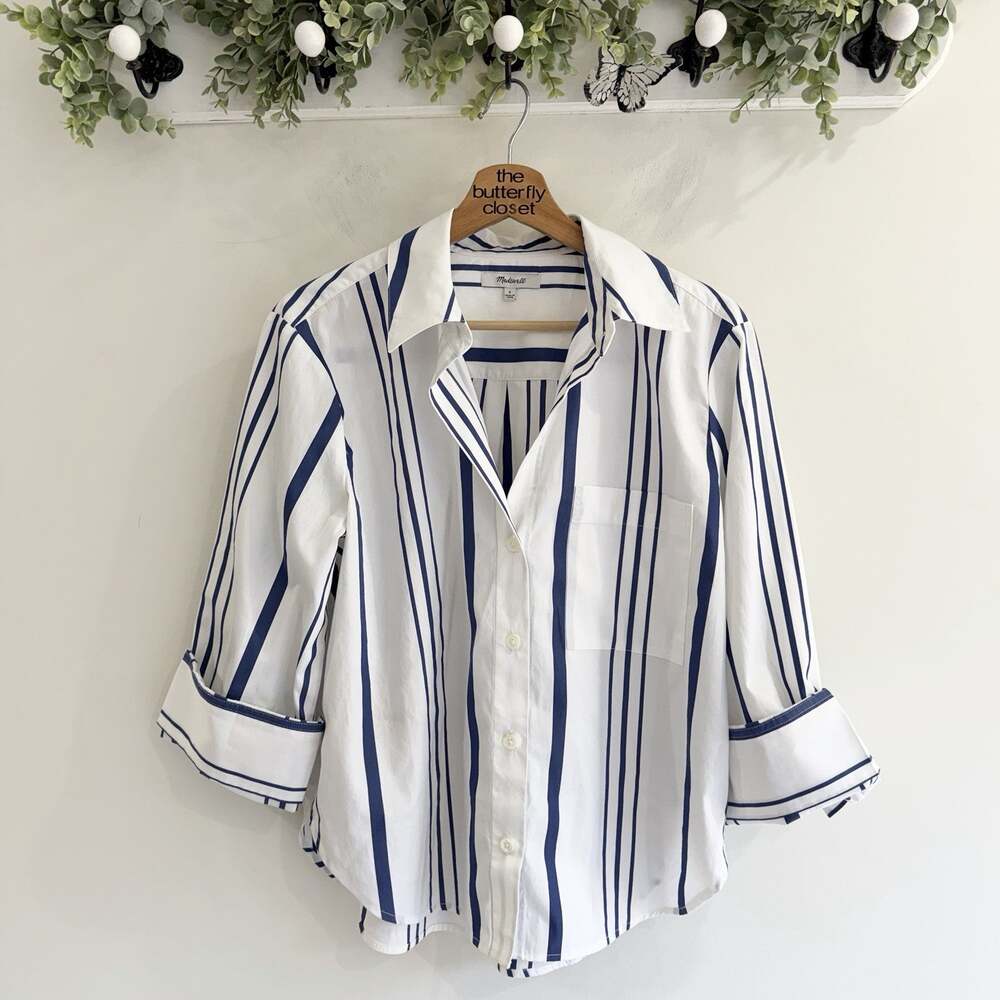 Madewell Poplin Easy Y-Neck Button-Up Shirt Blue White Stripe Small